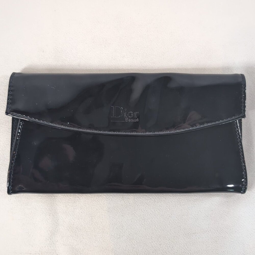 Dior Beauty Black Faux Patent Leather Clutch Wallet Bag Makeup Folder Christian